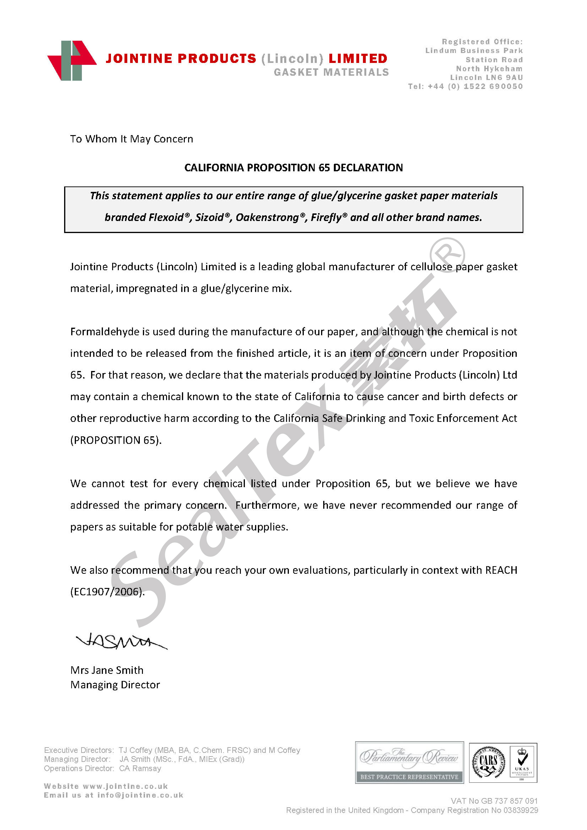 英国福来德Flexoid,Cranflex发布环保声明函