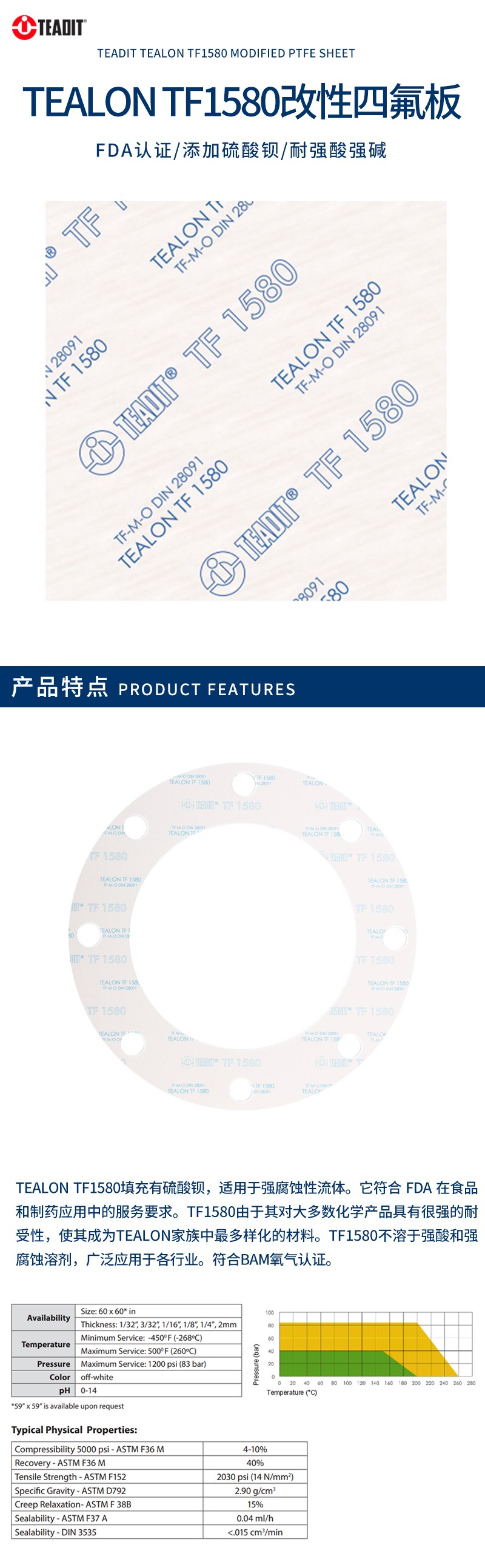 TEADIT泰迪 BAM氧气认证改性四氟密封板